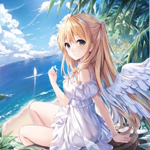 Prompt: an angel overlooking the sea on the way to heaven, uhd