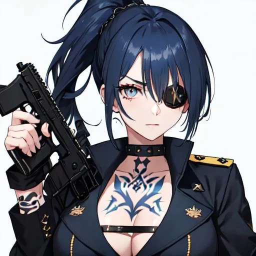 Prompt: (blue Messy hair with front spikes) wearing a eye patch that covers her right eye, wearing a military uniform, tattoos on her arms, holding a gun