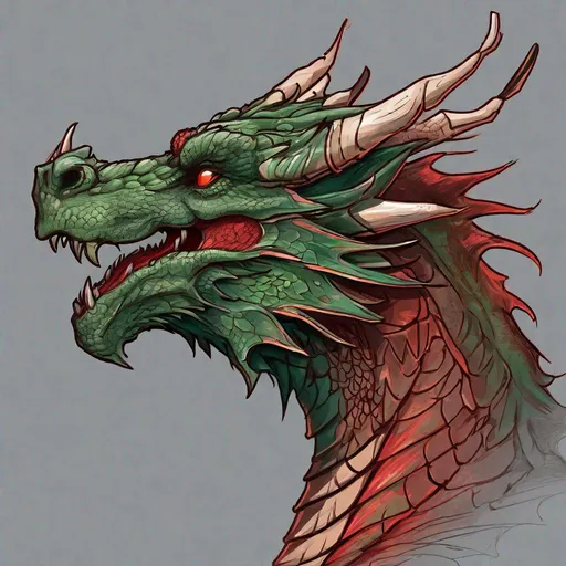 Prompt: Concept design of a dragon. Dragon head portrait. Side view. Coloring in the dragon is predominantly dark green with subtle red streaks and details present.