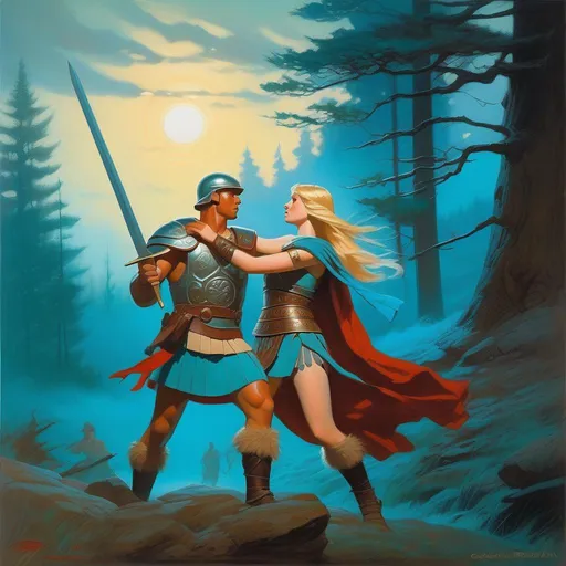 Prompt: Roman soldier defeats barbarian Germanic warrior girl, pale skin, freckles, blonde hair, teal eyes, forest at night, fog, blue atmosphere, cartoony style, extremely detailed painting by Greg Rutkowski and by Henry Justice Ford and by Steve Henderson 