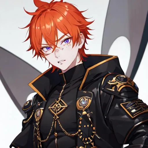 Prompt: Erikku male (short ginger hair, freckles, right eye blue left eye purple) muscular, UHD, 8K, Highly detailed, insane detail, best quality, high quality. black jacket, black shorts, streetwear