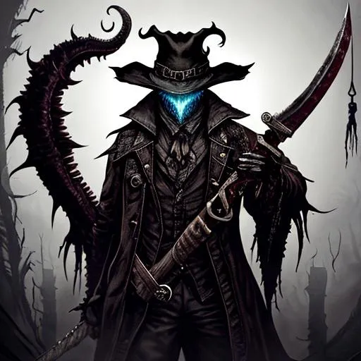 Prompt: Lovecraftian character Cthulhu, with the hunter hat, and the saw cleaver, with bloodborne weapons, full body, in the style bloodborne style, full body, dark fantasy, trending on ArtStation, --ar 4:5