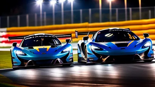 Prompt: Mclaren GT3 car taking a corner at the Nurburgring at night, intense, racing, brake light trail, headlight trail, long exposure,