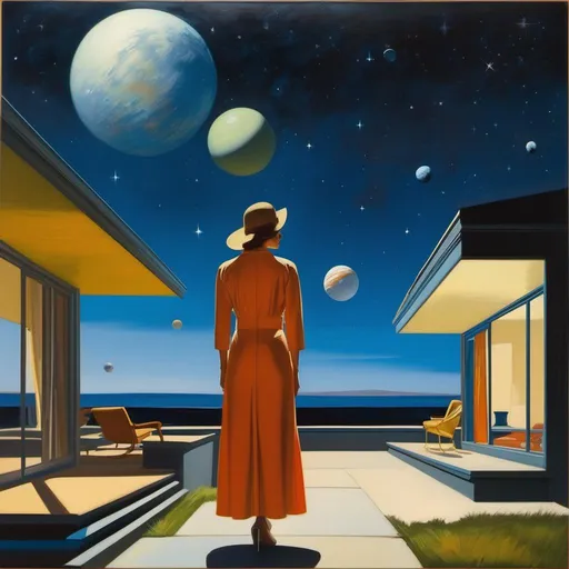 Prompt: a woman wearing outer space as a dress, Greg Rutkowski and Edward Hopper