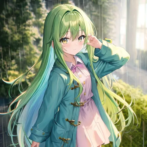 Prompt: anime style, (masterpiece, best quality:1.2), illustration, absurdres, highres, extremely detailed, 1 (petite) girl, blue long hair, golden eyes, eye highlights, (green raincoat), chromatic aberration abuse, pastel color, facing camera, raining, happy, wearing raincoat, dress, zoom-in