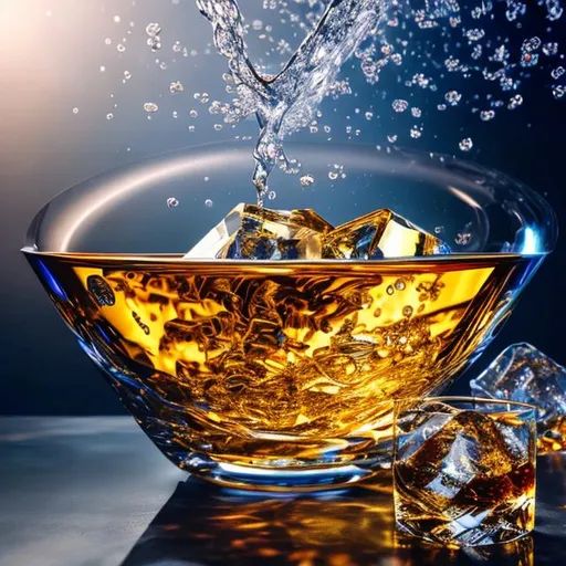 Prompt: A brilliant blue crystal bowl placed on a grand piano, contain whisky with ice cubes filled near edge, fishes is diving in crystal bowl, splash of whisky around,  radiating a brilliant, shimmering light. realistic photography, octane render, backlit, cinematic.