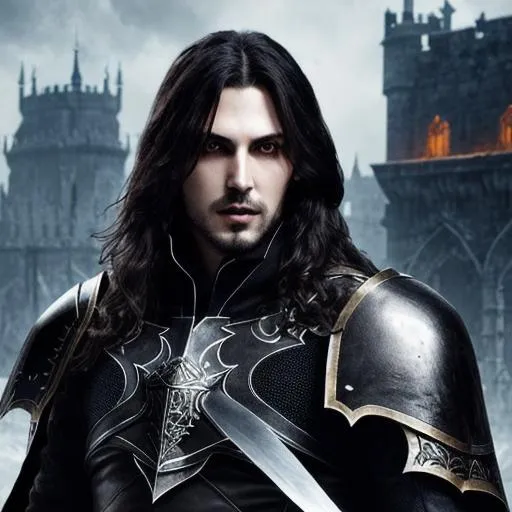 Prompt: portrait, vampire male knight, Lord of the dead, steam, fierce, confident, dark fantasy, intricate castlevania white+black armor design, red eyes, cloaked, flowing dark hair, white magic, desolate burnt background, cinematic, hyperrealism, 8k render, Uncanny, Tzimisce, Tim Bradstreet