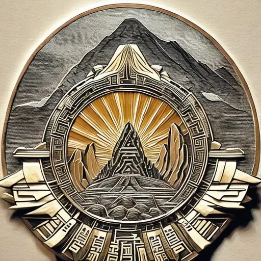 Prompt: Certainly! Here's a textual description of the emblem for the story:

The emblem is a circular design, intricately crafted to reflect both strength and regality. At its center, a resplendent mountain peak rises majestically, representing the empire's foundation within the colossal mountain. The peak is crowned by a radiant sunburst, signifying the empire's enduring spirit and unwavering resilience.

Emerging from the mountain's base are two intertwined elements: a sword and a scepter, symbolizing the heroine's dual role as a fierce warrior and a regal leader. The sword, with a blade as sharp as her determination, embodies her strength and prowess in battle. The scepter, adorned with a regal gemstone, represents her authority and influence as a ruler.

Radiating outward from the central design, intricate patterns reminiscent of the heroine's jumpsuit embroidery encircle the emblem, creating an aura of power and allure. Gleaming gold lines trace the patterns, catching the light just as the heroine's golden motifs catch the eye.

Overall, the emblem captures the essence of the almighty Dwarven empire's hidden strength, the heroine's graceful authority, and the harmonious blend of power and beauty that defines the heart of the story.