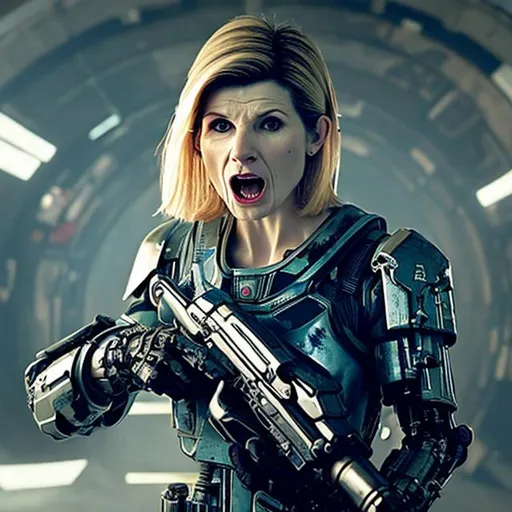 Prompt: Jodie Whittaker with a cybernetic eye replacement shouting angrily wearing an armored futuristic scifi military uniform and holding an advanced exotic shotgun in full color