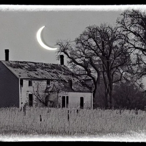 Prompt: old eerie farmhouse with crescent moon and graveyard

