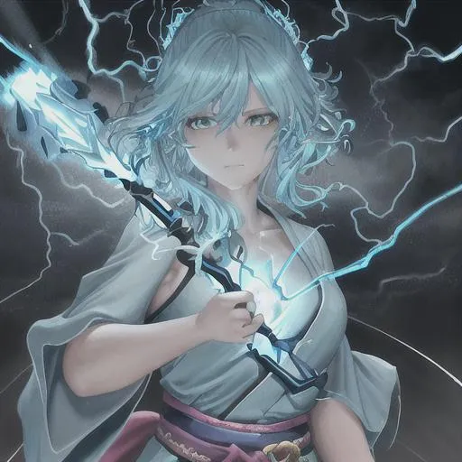Prompt: oil painting, UHD, 8k, Very detailed, panned out, female lightning elemental with flesh that is bluemade of lightning, visible face she is made of lightning, she has flowing hair lighting coming from it, she wears a turquoise Japanese hanbok, a turquoise cloth across her chest, she hold a hammer which lightning is radiating from it,