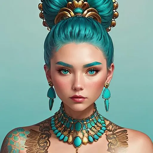 Prompt: An extremely gorgeous woman,  with top knots full of turquoise jewels, in color scheme of turquoise and gold,facial closeup