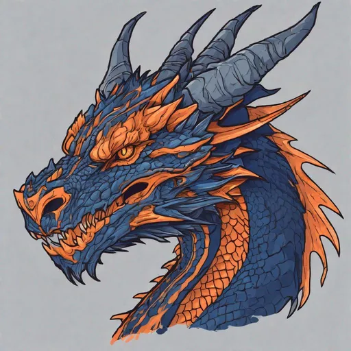 Prompt: Concept design of a dragon. Dragon head portrait. Coloring in the dragon is predominantly dark blue with bright orange streaks and details present.