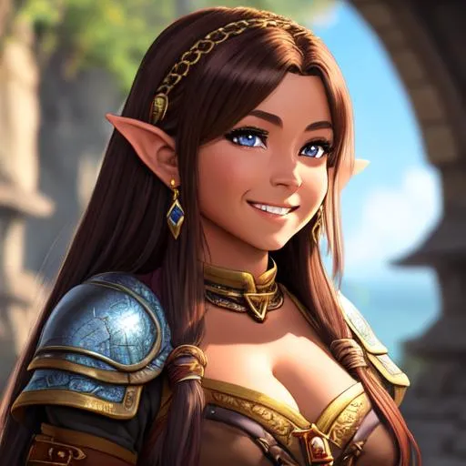 Prompt: oil painting, D&D fantasy, dwarf girl, tanned-skinned-female, beautiful, short bright dirty brown hair, straight hair, smiling, pointed ears, looking at the viewer, cleric wearing intricate adventurer outfit, #3238, UHD, hd , 8k eyes, detailed face, big anime dreamy eyes, 8k eyes, intricate details, insanely detailed, masterpiece, cinematic lighting, 8k, complementary colors, golden ratio, octane render, volumetric lighting, unreal 5, artwork, concept art, cover, top model, light on hair colorful glamourous hyperdetailed medieval city background, intricate hyperdetailed breathtaking colorful glamorous scenic view landscape, ultra-fine details, hyper-focused, deep colors, dramatic lighting, ambient lighting god rays, flowers, garden | by sakimi chan, artgerm, wlop, pixiv, tumblr, instagram, deviantart