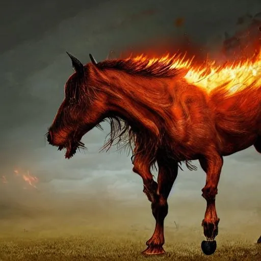 Prompt: a war horse with fangs with its eyes on fire running across an open field