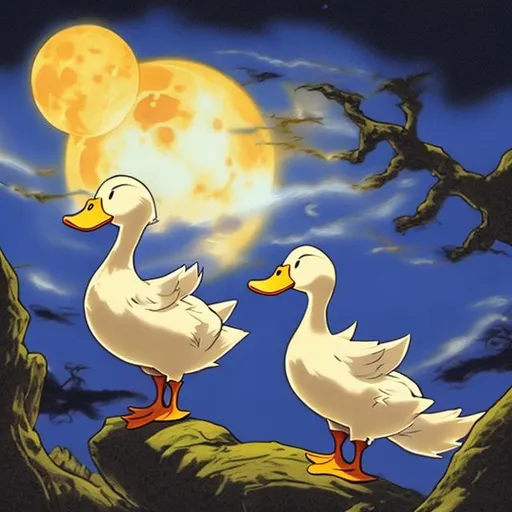 Prompt: Two anime ducks howling at the moon