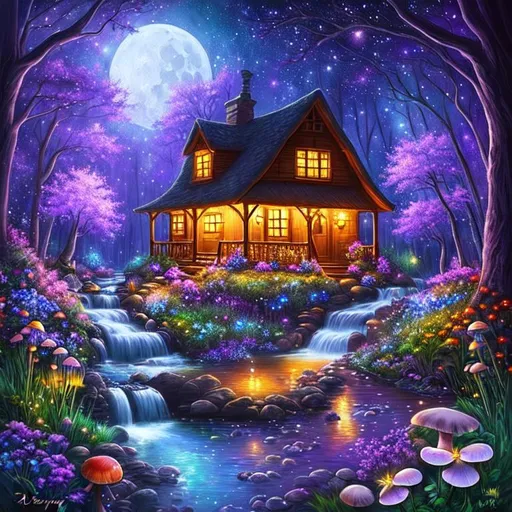 Prompt: Disney style, moon, forest, flowers, nighttime, stream, waterfall, mushrooms, galaxy, soft light, art, painting, cottage, sweet, fireflies, spooky dark forest