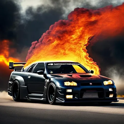 Prompt: a black Nissan gtr r34 doing a drift whit fires in his  back wheels, and back ground is night