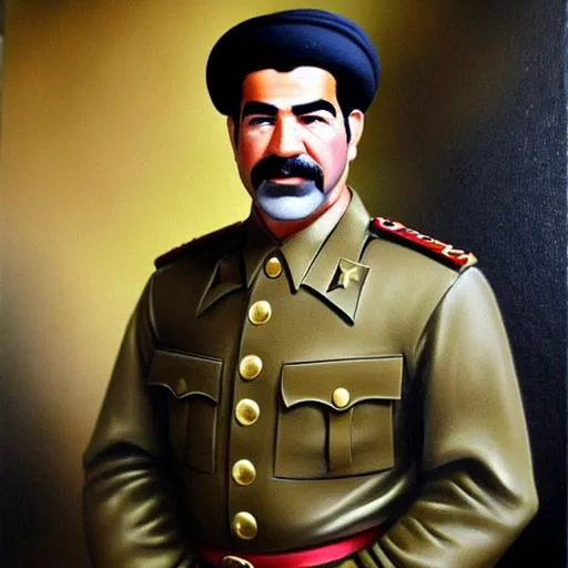 Prompt: Portrait of smiling Sadam Hussein wear barret, maskuline, 8K, water painting, goya style, extremely detailed, proportional eyes, proportional hands, perfect hands