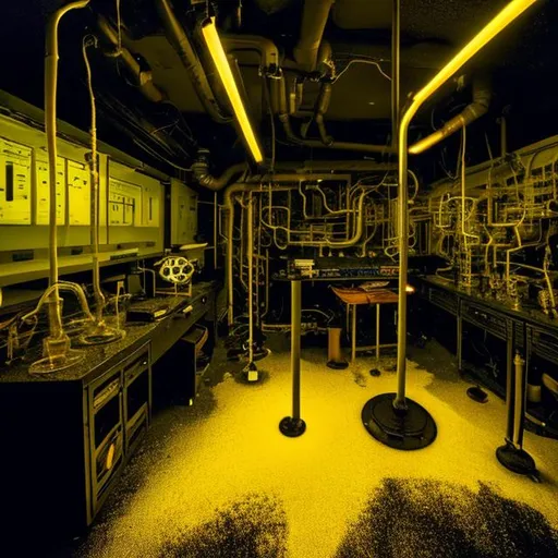 Prompt: This is a laboratory located deep within an underground complex. In a small room illuminated only by the dim glow of a neon light, a transparent tube holds a thick, yellowish fluid. The neon light highlights the tube, causing the fluid inside to emit a faint glow, creating a mysterious shimmer in an otherwise pitch-black room.

There are no signs of human life around, only the soft hum of laboratory equipment and computer screens reflecting the neon glow. With no clear explanation of the light source emanating from the fluid, the room becomes captivating and arouses curiosity.

This fluid sample is the latest discovery of a team of brilliant scientists, eager to unveil the mysteries behind its unique properties. Although no definitive explanation has been found for the phenomenon, one theory suggests that it may be an unknown chemical reaction that can only occur under specific conditions present in this laboratory.

The observing scientists note that the fluid seems to change color and emit different hues of light at various times, yet the pattern remains unpredictable. This adds to the enigmatic allure of the discovery and draws the attention of many individuals from diverse fields of science.

As a staff member in this laboratory, you feel compelled to further investigate this fluid and attempt to unravel the secrets behind its captivating glow. Could this fluid hold potential applications in technology, medicine, or even have connections to other realms? Your task is to delve deeper into the investigation and uncover the mysteries behind this glowing, deep-yellow fluid inside the tube."