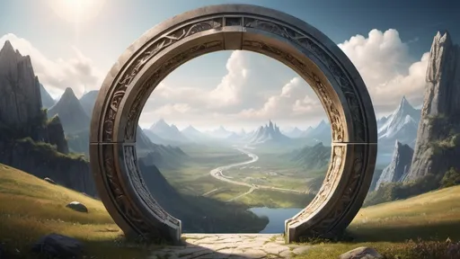 Prompt: circular portal, gateway between cities realms worlds, ring standing on edge, freestanding ring, complete ring, panoramic view