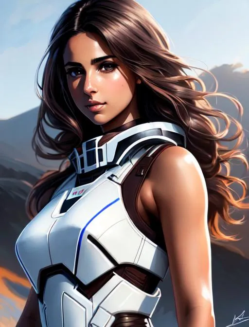 Prompt:  Naomi Scott in sword fight, pet dragon, sleeveless, brown hair, brown eyes, battlefield, ethereal, white mech suit, jewelry set balayage wild hair, royal vibe, highly detailed, digital painting, Trending on artstation , HD quality, tan skin,artgerm,  by Ilya Kuvshinov 