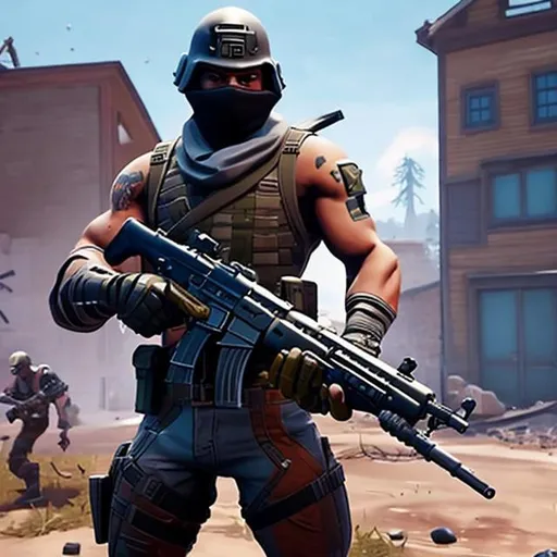 Prompt: realistic soldier holding a gun rifle,
fortnite graphics, in background add destroyed buildings