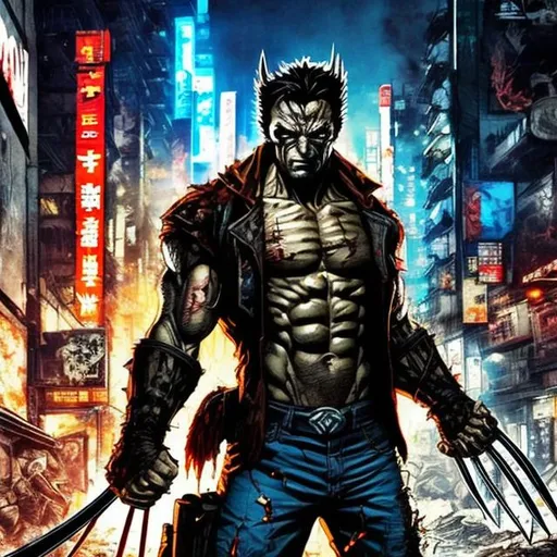 Prompt: Gritty Todd McFarlane style X-men Wolverine. Full body. Gritty, futuristic army-trained villain. Bloody. Hurt. Damaged. Accurate. realistic. evil eyes. Slow exposure. Detailed. Dirty. Dark and gritty. Post-apocalyptic Neo Tokyo .Futuristic. Shadows. Armed. Fanatic. Intense. 