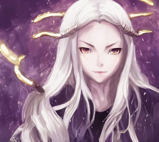 Prompt: anime portrait of cute girl, anime yellow eyes, horns, beautiful intricate white hair, shimmer in the air, symmetrical, in re:Zero style, concept art, digital painting, looking into camera, square image