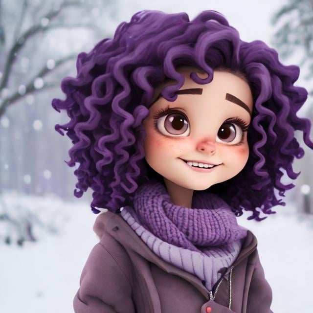 A cartoon girl has purple curly hair . She is wearin... | OpenArt