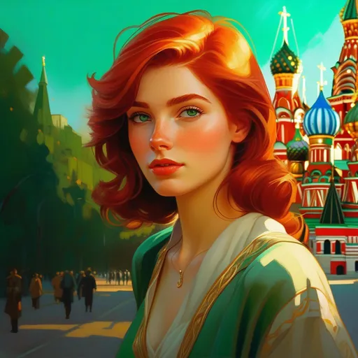 Prompt: Third person, gameplay, Russian girl, pale skin, red hair, freckles, green eyes, 1980s, Moscow, golden atmosphere, cartoony style, extremely detailed painting by Greg Rutkowski and by Henry Justice Ford and by Steve Henderson 
