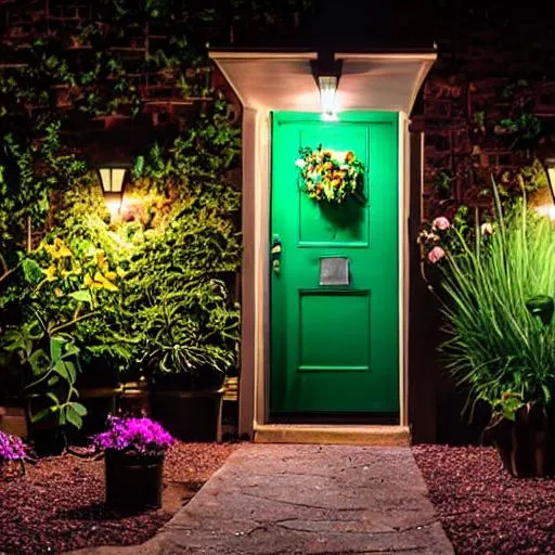 Prompt: night-time, garden, multicolored flowers, flower pots, pots, planter boxes, entryway, dark sky, dark clouds, 
very soft █►green◄█ theme, dark shadows, dark walls, dim lights, (some cyan small things:0.8), 
♦♦ doorstep, letterbox, front porch, porch, foyer, stool, garden bench, butterflies, bees, flowers, watering can, garden tools, hair flower, hair ribbon, pail, 

■■ {{{{best quality, 8k resolution photography, artistic photography, photorealistic, masterpiece}}}}, 