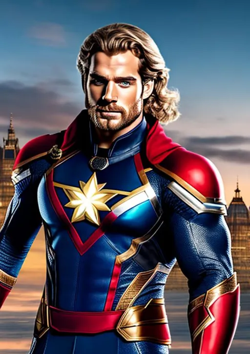 Prompt: High-resolution hyperrealistic photo of {captain britain} merged with [captain mar-vell], played by blond and bearded henry cavill, mullet haircut, blue and silver and red costume, uhd, hdr, 64k