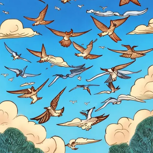 Prompt: An illustration of swifts flying high in the sky.
The background is blue. The colour scheme is vibrant. We see the swifts from below. The aesthetic is of a tarot card.