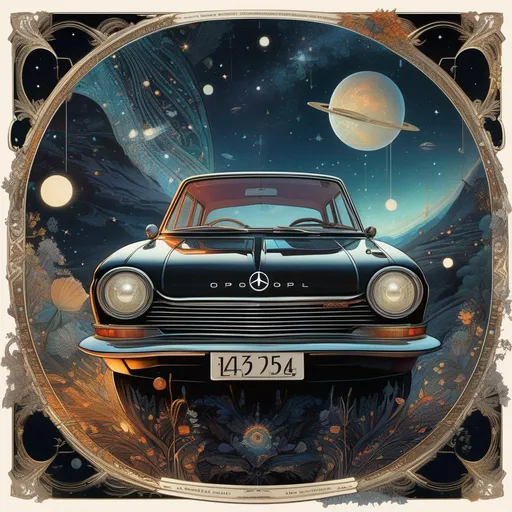 Prompt: as postage stamp a  beautiful black Opel Commodore car, starry sky, highly detailed, intricate motifs, organic tracery, perfect composition, digital painting, artstation, concept art, smooth, sharp focus, illustration, Carne Griffiths, pixar,  Victo ngai, Jean Baptiste Monge, shiny aura, old but robust, bright but deep 