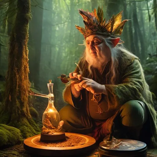 Prompt: radagast the brown taking a fat rip from a bong, 4K image, forest chill, eyes red
