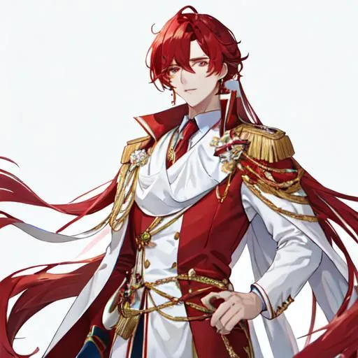 Prompt: Zerif 1male (Red side-swept hair covering his right eye) wearing a royal suit, white shawl, 