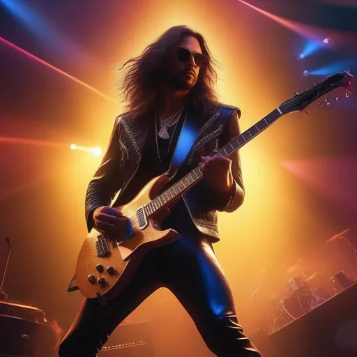 Prompt: Chiaroscuro, landscape, UHD, 8K, exquisite, hyper-realistic, (magic:3), A D&D 3e style illustration of a heavy metal guitarist, dashing, handsome, sunshine rays, psychedelic background.