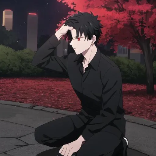 Prompt: Damien (male, short black hair, red eyes) in the park at night, casual outfit, dark out, nighttime, midnight, on his knees, screaming, hands on his head