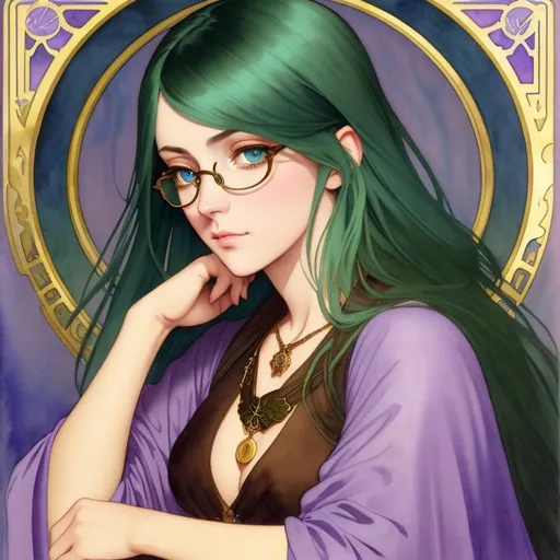 Prompt: watercolor portrait, of a cute GIRL with long dark green hair and steely blue eyes, soft face, wearing black antique spectacles, mage, medieval noblewoman, Renaissance, scholar, by Ilya Kuvshinov and Alphonse Mucha, pastel colors, dreamy, soft light, in watercolor style, small chest, long brown and gold robes, purple amulet, 13 years old 