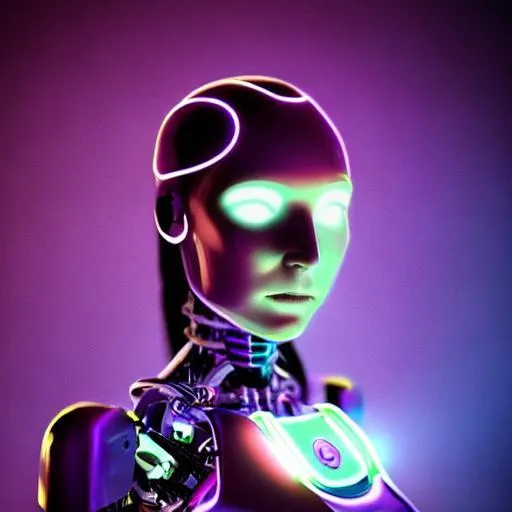 Prompt: high quality, human, future, cinematic, cyborg, violet lighting, profile, robot, ambient lighting