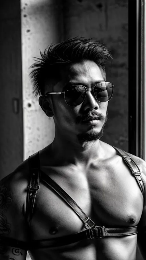 Prompt: Sensual, hairy chested, tattooed, shirtless asian man, wearing sunglasses and a strapped leather harness, in an abandoned place near a window, cinematic, close-up bust portrait, grayscale, hyperrealistic, hyperdetailed, ambient light, perfect composition, provocative, textured skin, high contrast, profile portrait, ultra HD.