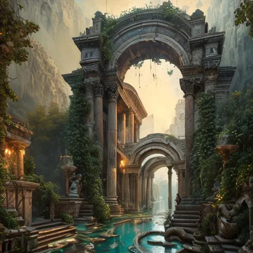 Prompt: entrance to Mount Olympus, ancient Greece, heavy archway, ornate, beautiful, covered in vines, Intricate, water fountain, low angle, heavy brushstrokes, textured paint, impasto paint, intricate, cinematic lighting, oil painting, dramatic, 8k, painting by Vittorio Matteo Corcos and Albert Lynch and Tom Roberts, Dreamy, stunning, by Jessica rossier, van Gogh, Thomas Wells Schaller, Enki Bilal, Harry Clark, James jean and Jean Baptiste monge. Extremely detailed and high definition. glossy shimmer. God's Ray. Beautifully lit.
