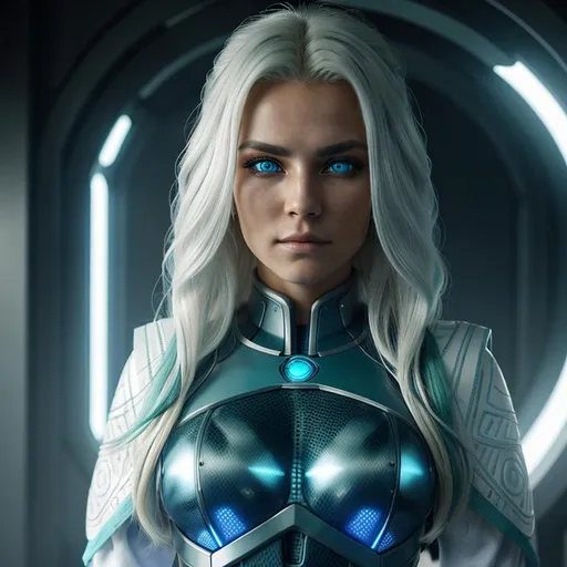 Prompt: Psyker, perfect composition, {25 year old}, lean tan skinned {viking woman}, wearing futuristic {blue future tech robes}, {long blonde and white hair}, {green eyes}, peak fitness, determined expression, confident smirk, looking at viewer, 8k eyes, detailed symmetrical face, real, alive, real skin textures, 8k, cinematic volumetric light, proportional, sharp focus, studio photo, intricate details,
