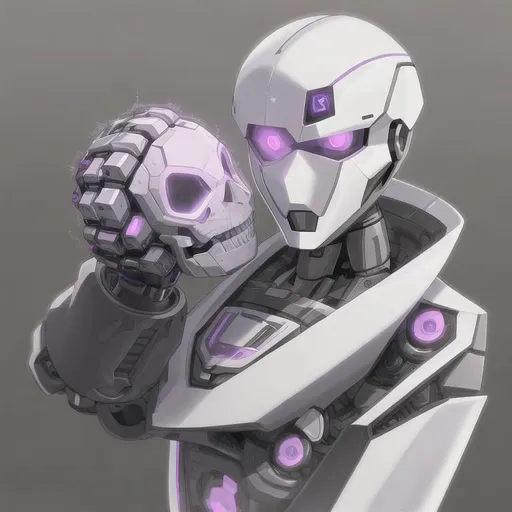 Prompt: Robot with purple eyes, wearing a purple jersey, holding a human skull in one hand, HD, Glossy, no human skin on the robot, fully robotic, sci-fi, dystopian, 