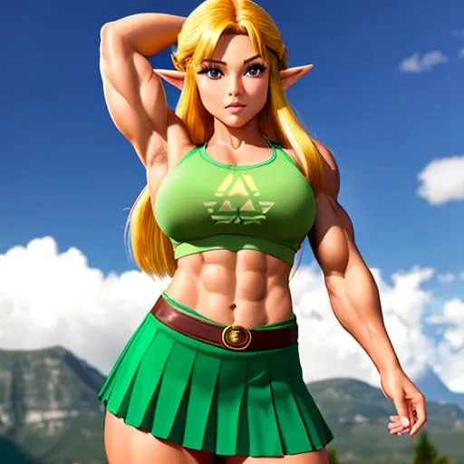 Prompt: {{Zelda from the legend of zelda}}
{{woman, enormous muscles, giant muscles, muscular woman, hulking, flexing, biceps, full body}}
{{tank top, pleated skirt}}
perfect face, perfect body, photorealistic, hyperrealistic, photograph, 22mm lens, 4k, hard lighting