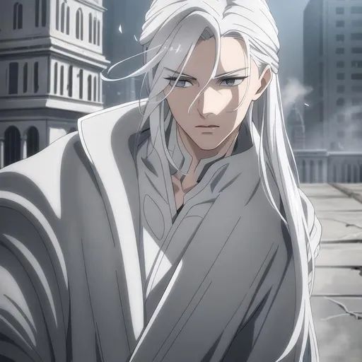 Prompt: A 20 years old {young beautiful boy with long white hair, grey eyebrows, grey eyes}, soft jawline, full body with close-up face, detailed painting, 8k, perfect render, soft lighting, perfect composition, looking into camera, high-resolution painting, ruined city background, royal clothes, dust flying in the air