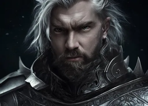 Prompt: fantasy, portrait, face visible, male, man, knight, grey hair, facial hair, plate armor, pale skin, angry expression