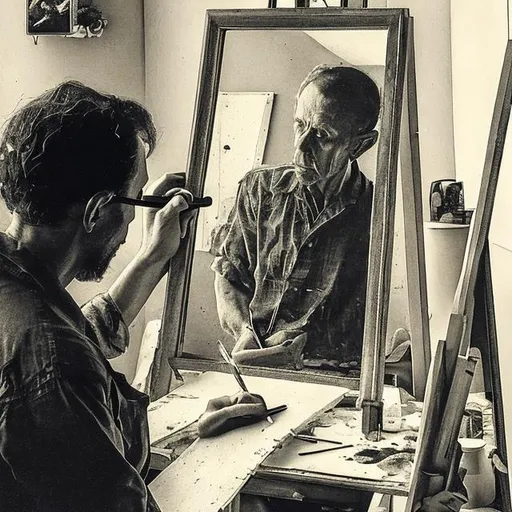 Prompt: a photo of an artist drawing himself from the mirror. So like a three way self portrait, where you can see him, the mirror and the canvas. Similar to Norman Rockwell but more detailed. But please only keep one artist in the piece. And make the lines clear and distinct


