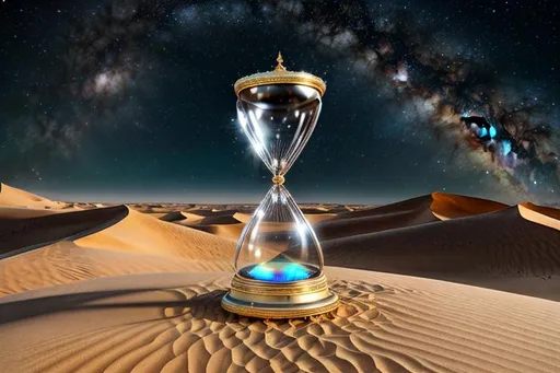 Prompt: Create the state-of-art design of a classical Hourglass {3D transparent crystal glass, a stunning void, symmetric and volumetric body, accurate lines and shapes, intricate details of both top and bottom, Octane HDR}, the Gobi Desert on the ground and Nebula on the sky, UHD engine 5, 256K, clarity, proportions, order, hierarchy, datum, rhythm, isometry, fit in frame, centered, focus sharp, reflective.